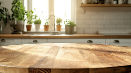 Fototapeta na wymiar Empty beautiful round wood tabletop counter on interior in clean and bright kitchen background