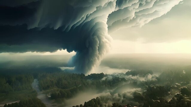 An aerial view of a tornado funnel cloud with debris in the air