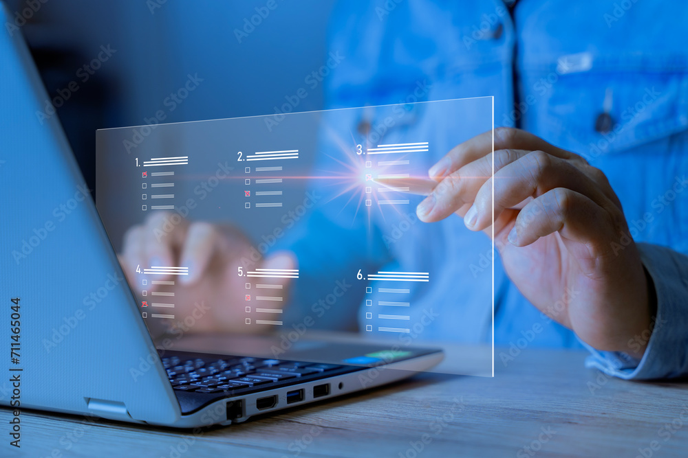 Poster online exam concept, choose correct answer in test. checklist and online testing on laptop. online exam test with laptop. on-line questionnaire results on desktop. quiz.