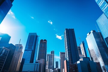 Fototapeta na wymiar Urban skyline with skyscrapers reaching into a vibrant, deep blue city sky, Generative AI