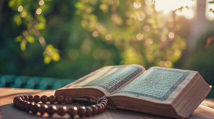 A Quran open for reading with prayer beads (tasbih) beside it, Ramadan, blurred background, with copy space