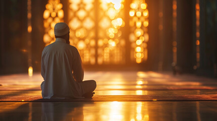 A Muslim man in contemplative prayer during Ramadan, Ramadan, blurred background, with copy space