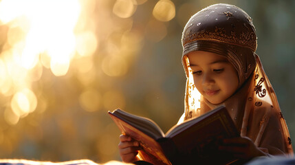 A young child learning to read the Quran during Ramadan, Ramadan, blurred background, with copy space