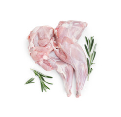 Fresh raw rabbit legs and rosemary isolated on white, top view