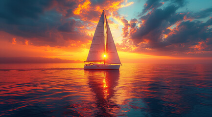Sailing in the sea at sunset. Luxury Sailboat in the ocean at sunset. Sailing luxury yacht with white sails in the Sea.
