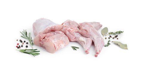 Fresh raw rabbit legs and spices isolated on white