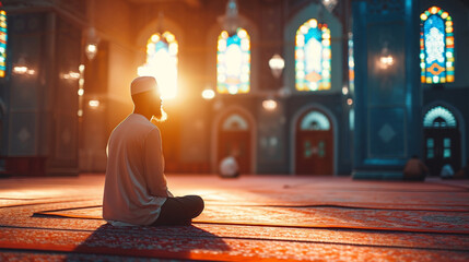 An individual doing Itikaf (seclusion) in a mosque during the last ten days of Ramadan, Ramadan, blurred background, with copy space