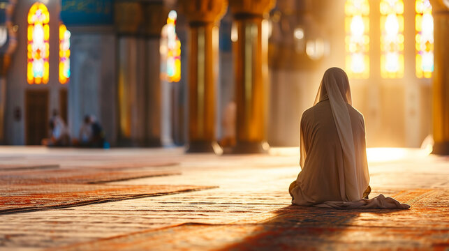 An individual doing Itikaf (seclusion) in a mosque during the last ten days of Ramadan, Ramadan, blurred background, with copy space