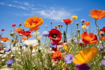 Fototapeta premium Vibrant summer flowers in a botanical garden set against a backdrop of a cloudless blue sky, Generative AI