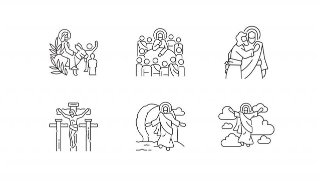 Holy Week animation set. Biblical scenes animated line icons. Life of Jesus Christ. New testament. Black illustrations on white background. HD video with alpha channel. Motion graphic