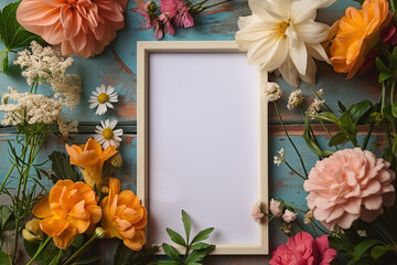 Generative AI illustration of empty white frame encircled by a lush assortment of flowers on a distressed turquoise wooden surface