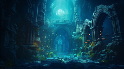 Underwater ancient city in the depths of the ocean