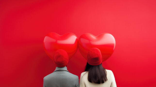 Generative AI image back view of a couple with beanie hats standing with oversized heart-shaped balloons in place of their heads against red background