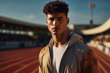 Athletic young man contemplating in stadium setting Generative AI image