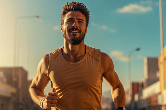 Urban sunset run: young man expressing fitness and joy Generative AI image