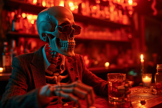 Skeletal figure enjoying a drink at a bar Generative AI image