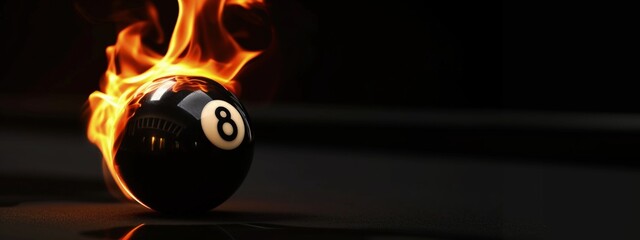 Burning 8 snooker ball on black background, billiard games concept. - obrazy, fototapety, plakaty