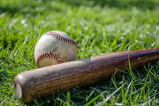 Baseball bat and ball on the grass of a field, sports and leisure concept.