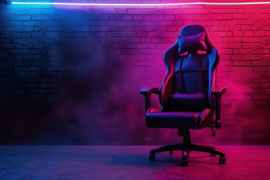 Gaming chair and neon lights in the background, gaming and streamer concept.