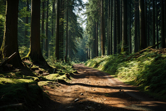 Sunlight filtering through a dense woodland trail Generative AI image