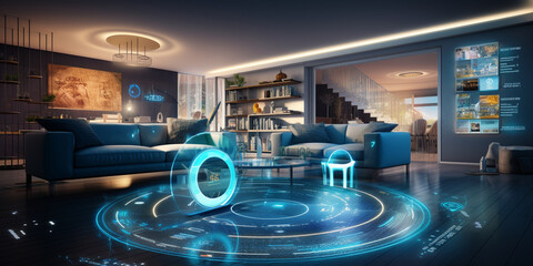 Interior of modern living room with white walls wooden floor blue hologram screens, A smart home interior connected with an internet connection digital technology hologram.