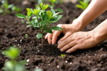 Hands of a person planting a small tree in the ground, Earth Day and environment preservation concept.
