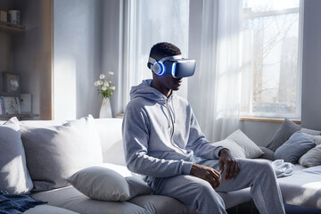 Young man experiencing virtual reality at home. Generative AI image