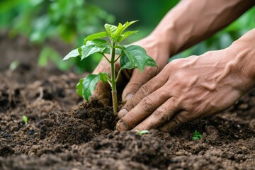 Hands of a person planting a small tree in the ground, Earth Day and environment preservation concept.