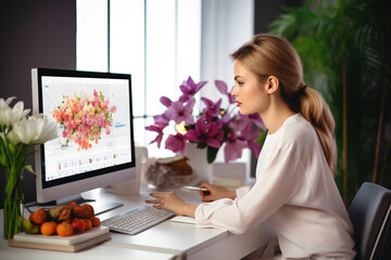 Young beautiful brunette creative woman dressed in white elegant blouse, siting at her workspace in front of computer, working at design project.
