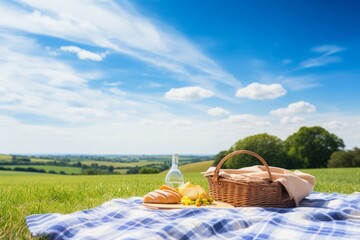 A classic picnic scene, with a blanket laid out on green grass under a clear blue sky, Generative AI