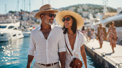 Affluent couple enjoying a luxurious marina walk. Generative AI image