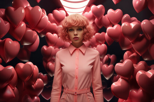 Generative AI illustration of woman with pink hair in a pink dress surrounded by heart-shaped balloons