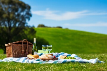 A classic picnic scene, with a blanket laid out on green grass under a clear blue sky, Generative AI