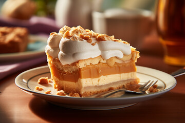 Generative AI image of a slice of peanut butter pie with whipped cream topping and crushed peanuts, served on a plate with a background setting of a beverage and cookies