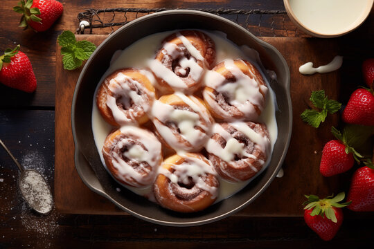 Generative AI image of freshly baked cinnamon rolls topped with white icing in a pan, surrounded by strawberries and sprinkled with powdered sugar