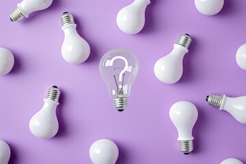 Various light bulbs and question mark sign on lilac background, ideas and business concept.
