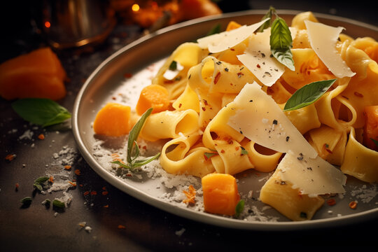 Generative AI image of pappardelle pasta with roasted butternut squash, topped with shaved Parmesan and basil, on a dark atmospheric background