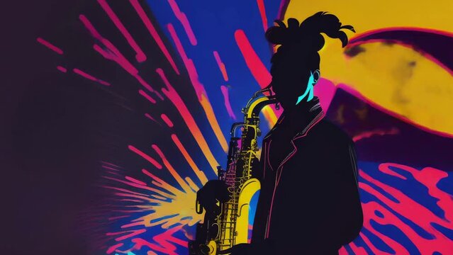 Instrumental live music concert. Jazz musician pop art illustration. Bright vintage retro poster. Musical performer play saxophone night club. Sax player solo perform. Elegant male artist silhouette.