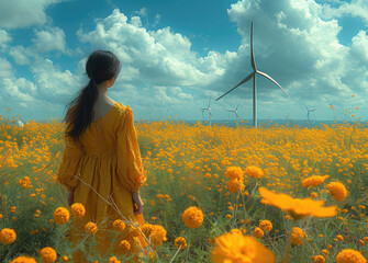 Fototapeta premium Landscape with young slim brunette woman in maxi dress standing with her back to us on the flower field looking at wind power station plant, turbine