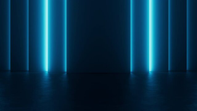 Abstract neon background with bright blue lights. Shiny futuristic virtual space for product advertising video concept. Glowing animation texture for high technology design. Seamless loop.