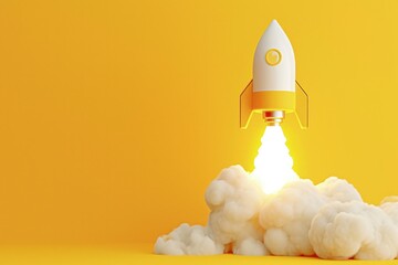 Light bulb taking off like rocket on yellow background, startup and business concept. - obrazy, fototapety, plakaty