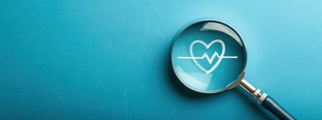 Magnifying glass with heart and graph with heartbeat, concept of health and medical care. - obrazy, fototapety, plakaty