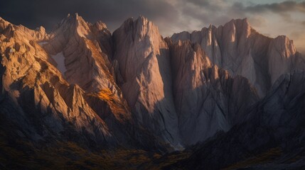 Naklejka premium An intricately realistic mountain range at dusk, capturing the tranquil beauty of fading daylight, every rock face and crag meticulously portrayed in a realistic photography style - Generative AI