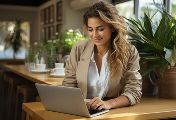 Young pretty blonde curly woman in formal office clothing sits working, using laptop - 711470090