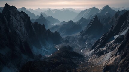 An intricately realistic mountain range at dusk, capturing the tranquil beauty of fading daylight, every rock face and crag meticulously portrayed in a realistic photography style - Generative AI - obrazy, fototapety, plakaty