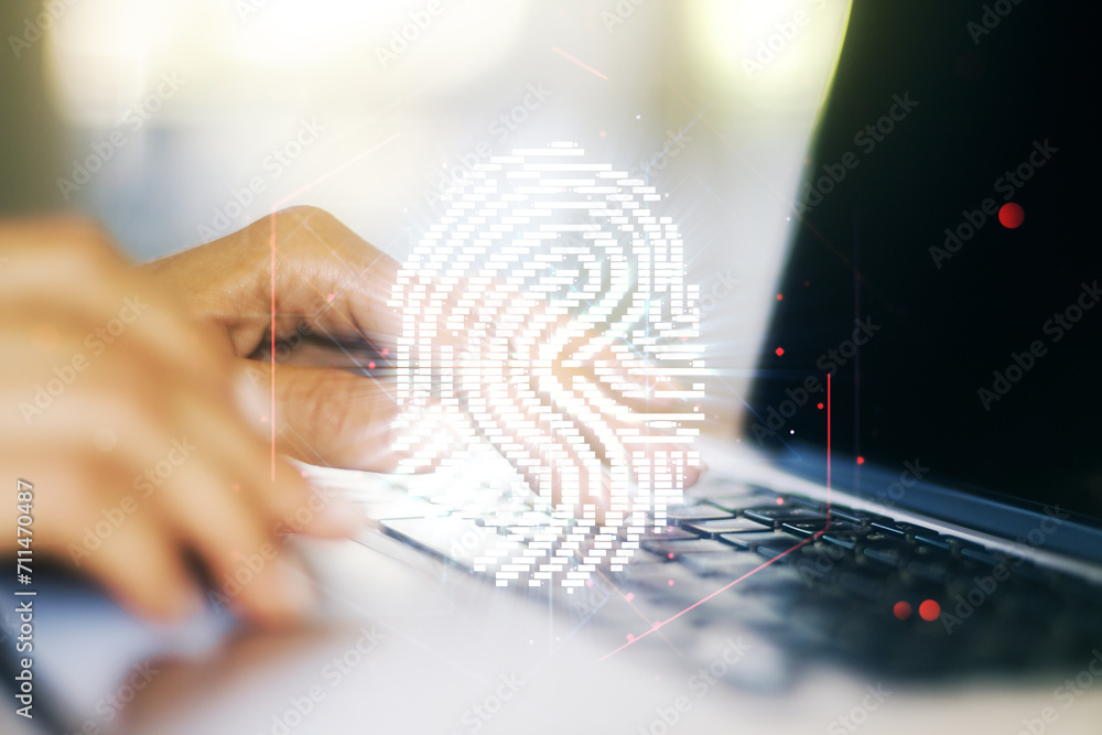 Poster double exposure of abstract creative fingerprint hologram with hands typing on laptop on background,