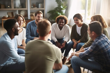 Multiethnic young people sitting in circle participating in group psychological therapy together. - obrazy, fototapety, plakaty