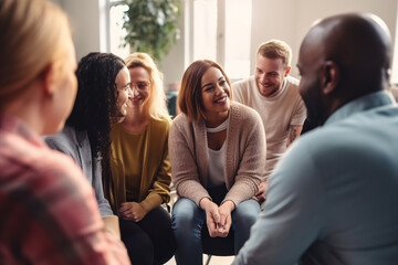 Group therapy session with diverse people sharing their stories. People sitting in a circle talking about their mental health issues and looking for support, help and counseling. - obrazy, fototapety, plakaty
