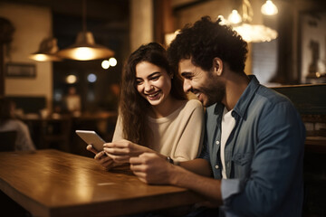 Young couple using smartphone together in a cafe.