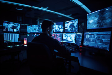 Male security officer working in surveillance room, monitoring data over multi monitors at office.